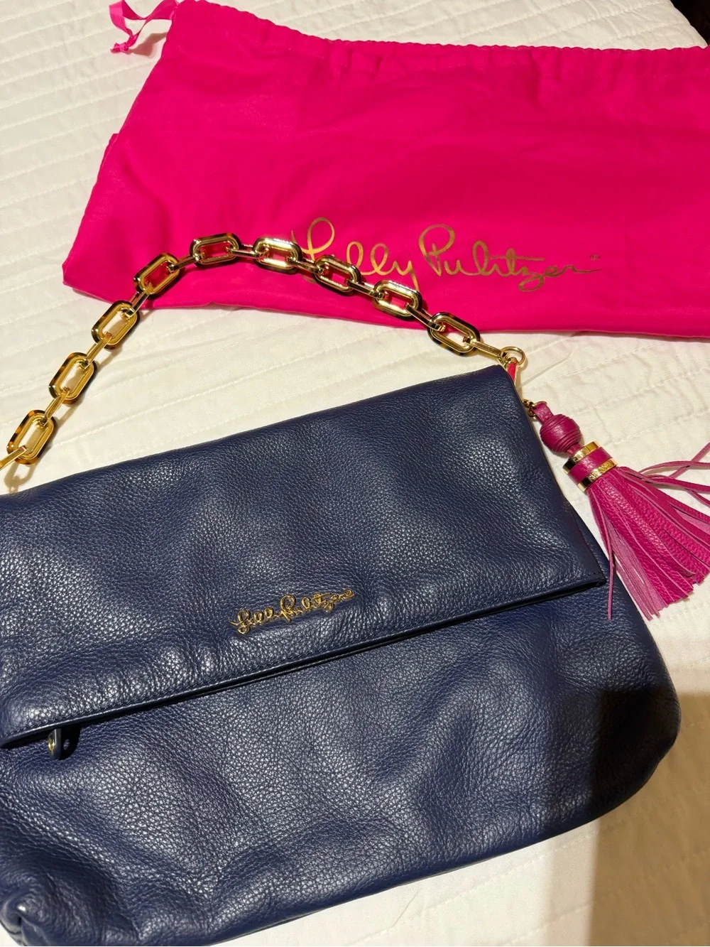 Lilly Pulitzer Navy Leather Shoulder Bag with Pink Tassel and Gold Chain